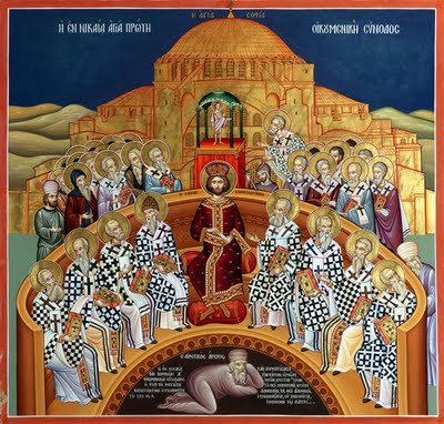 Holy Fathers of the First Ecumenical Council, with Emperor Constantine 
 (Arius, whose heresy was repudiated, is underneath them) http://www.orthodox.net/ikons/first-ecumenical-council.jpg