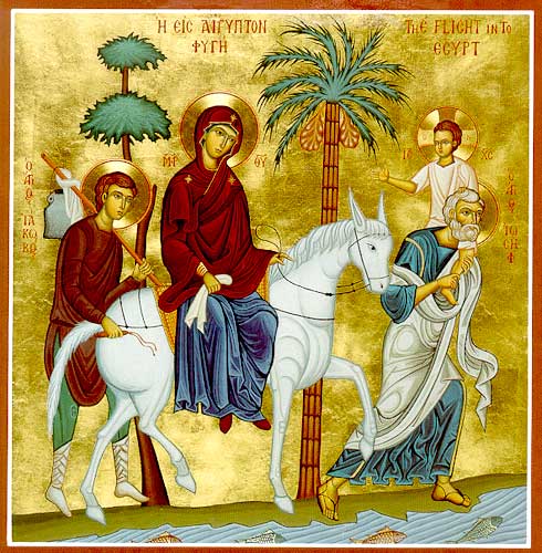 The Flight into Egypt. St James is seen behind the Theotokos.
flight-into-egypt-01.jpg (from http://www.struggler.org/birth3.htm)