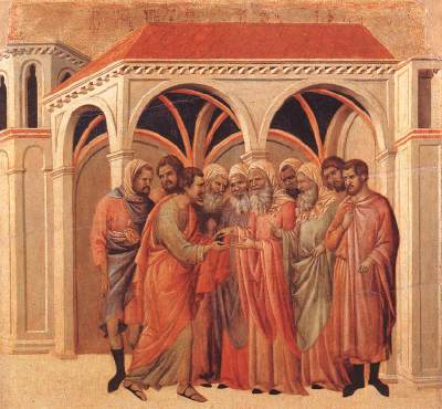 Judas betraying Christ for thirty pieces of silver http://www.orthodox.net/ikons/holy-week-judas-betrayal-01.jpg
