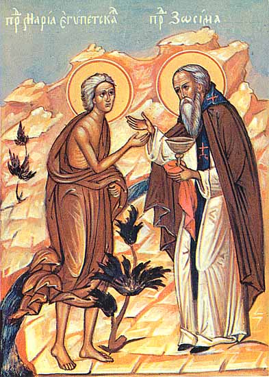 St Mary of Egypt and St Zosimas. 
             mary-of-egypt-02.jpg
             Orginally from http://www.arcadelamor.org/storytellingmonk/ref/holy_sights/people/st_mary_egypt.htm