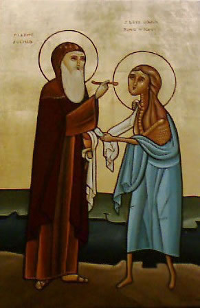St Mary of Egypt and Saint Zosimas. Coptic icon. 
                 mary-of-egypt-coptic.jpg
                 Originally from 
                 http://www.saint-mary.net/mm/icons/stmarys_icons/pages/Saint%20Mary%20of%20Egypt_jpg.htm