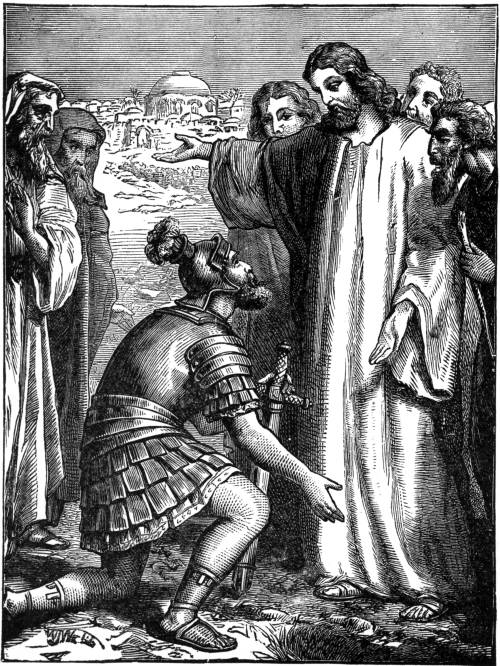 Western style black ink picture of The Centurion asking for his servant to be healed. 