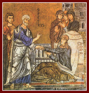 Peter raises Tabitha, part of a mosaic in San Vitale, at Ravenna, early 6th century.source http://www.comeandseeicons.com/t/pdg15.htm