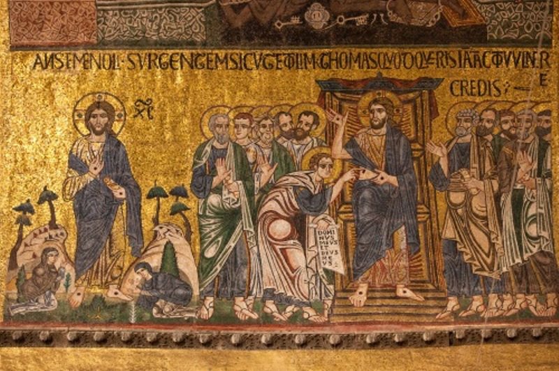 Appearances after the Resurrection as depicted in the Basilica di San Marco in Venice, Italy. The scroll that St. Thomas holds reads: "My Lord and my God." To the left, St. Mary Magdalene and another of the Myrrhbearing women fall down in worship of the Resurrected Christ. ? at Piazza San http://www.facebook.com/pages/Holy-Cross-Orthodox-Monastery/79944443582rco, Venice. source: