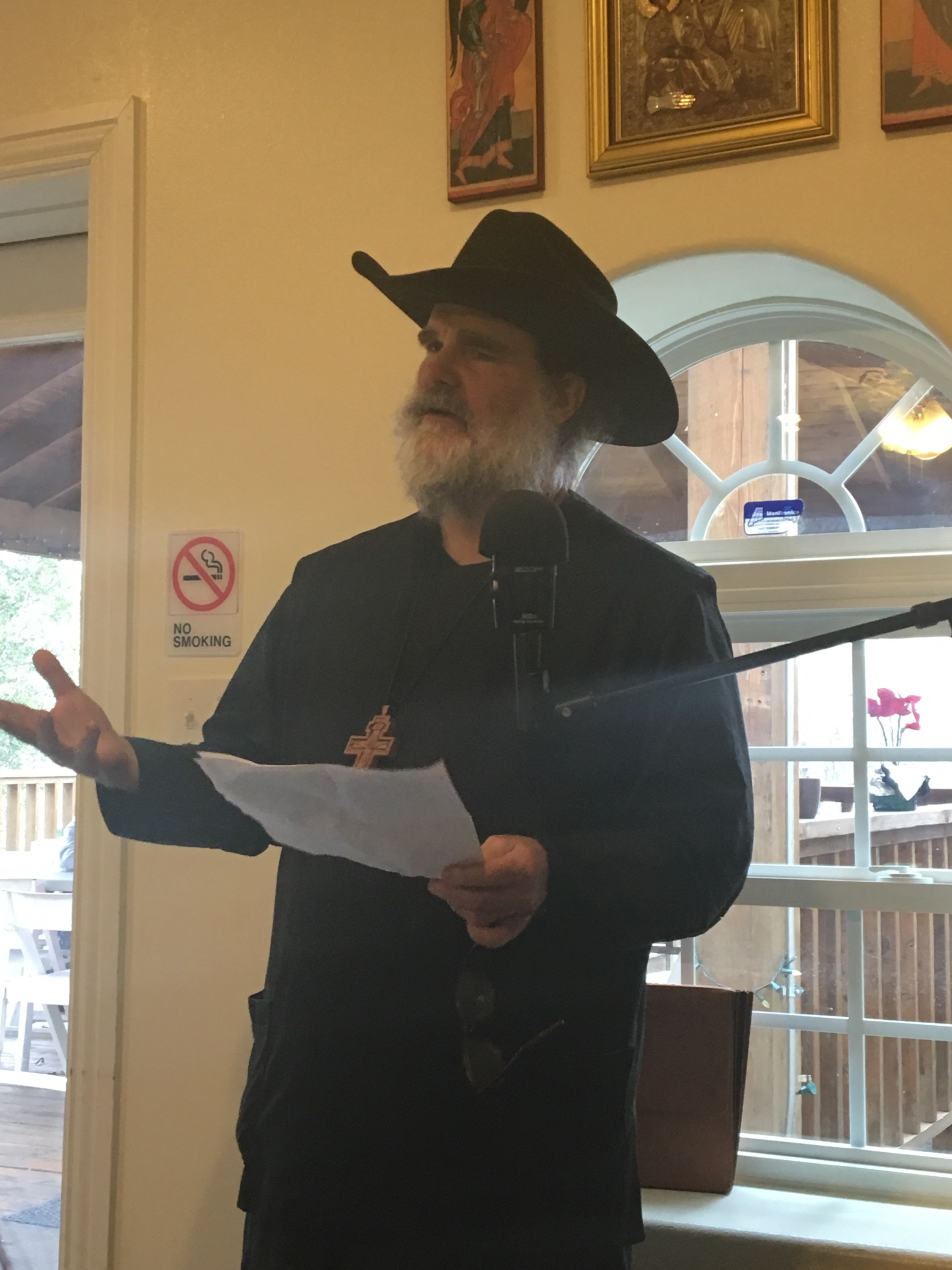 Priest Seraphim delivering opening remarks at the annual parish meeting, 2017 http://www.orthodox.net/photos/priest-seraphim-13-cowboy-hat-parish-meeting-2017.jpg
