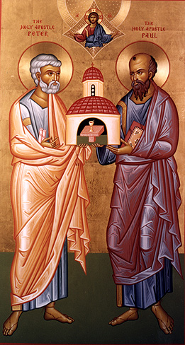 Icon of Apostles Peter and Paul, holding a church between them. https://www.orthodox.net//ikons/peter-paul-dorm-skete-01.jpg