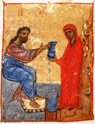The Samaritan woman at the well. https://www.orthodox.net//ikons/samaritan-woman-at-the-well-jruchi-gospels-ii-mss-georgia-12th-cen.jpg