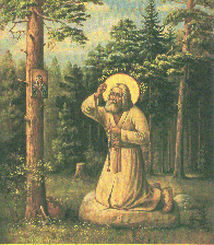 St Seraphim of Sarov, praying on a rock https://www.orthodox.net//ikons/seraphim-of-sarov-rock-01.gif