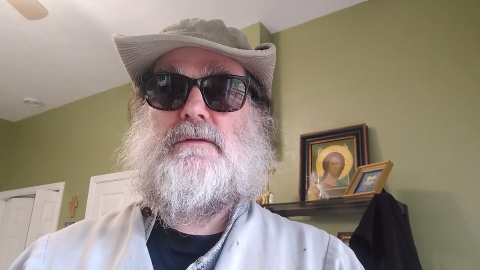 Priest Seraphim Holland, giving the Fram Report. I wore sunglasses when working in the bright sun. https://www.orthodox.net//photos/priest-seraphim/priest-seraphim-giving-the-farm-report-at-the-monastery-01-may-2017.png